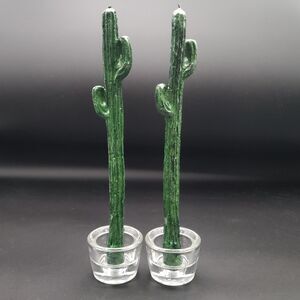 2 Cinco de Mayo 10" Saguaro Cactus Taper Wax Candles w/Blown Glass Candleholders